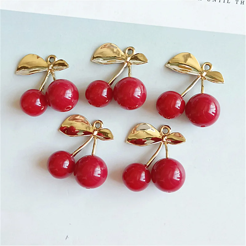 10pcs/lot Alloy Creative Gold Leaf Red Cherry Pendant Buttons Ornaments Jewelry Earrings Choker Hair DIY Jewelry Accessories