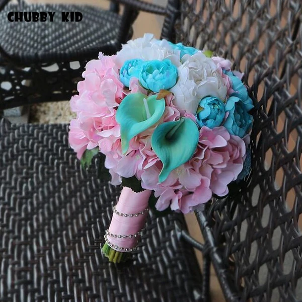 

100% Hi-Q Romantic Bridal Bouquets Handmade Artifical Flower Bouquet Wedding Bridal bouquet Ramo Novia pink & blue color bouquet