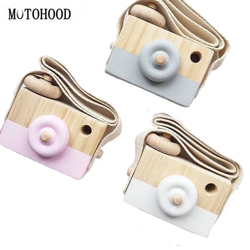 Cámara de cuello de madera para MOTOHOOD, juguetes bonitos de madera para bebés y niños, accesorios de fotografía, decoración del hogar, juguetes de cámara de moda