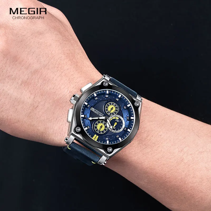 Megir Men\'s Leather Strap Quartz Watches Army Sports Chronograph Waterproof Wristwatch for Man Luminous Relogios Clock 2098 Blue