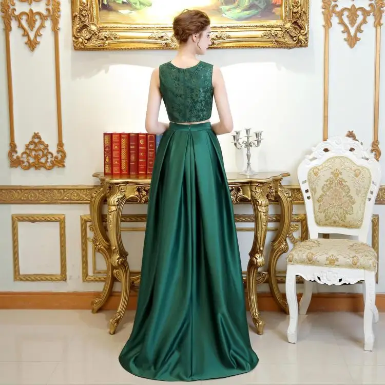 Vestidos de Noiva Elegante Verde A due pezzi Abiti da ballo Alla Moda Del Raso Del Merletto Jewel A-Linea Lungo Abito Da Sera di Promenade Del Partito Abiti