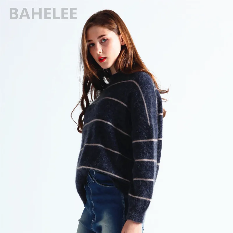 BAHTLEE-Women's Mohair Wool Knitted Pullovers, O-Neck Sweater, Long Sleeves, Striped Pattern, Loose Style, Spring, Autumn