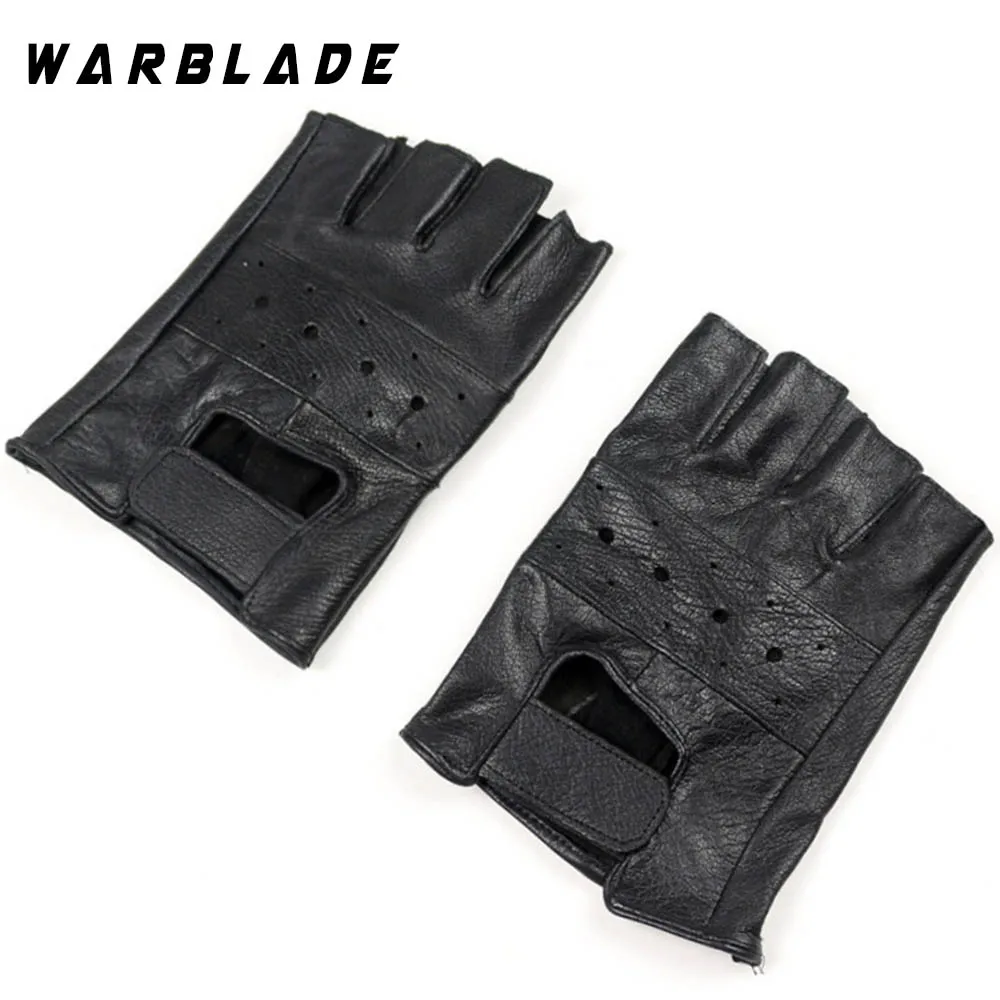 WarBLade-guantes de piel auténtica para hombre, manoplas antideslizantes de medio dedo, de piel de oveja, sin dedos, para moto