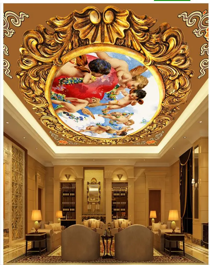 

European pattern embossed angel ceiling 3d stereoscopic wallpaper ceilings 3d wallpaper living room