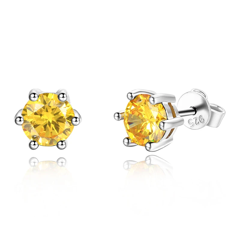 Female Ear Studs 925 Sterling Silver Fine Jewelry Round AAAAA Gold Yellow Zircon Wedding Engaging Party Gift