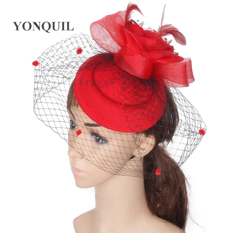 

Red Fascinator Base For Women Veil Flower Feather Netting Hat For Bridal Hair Accessories Cocktail Party Headwear Millinery