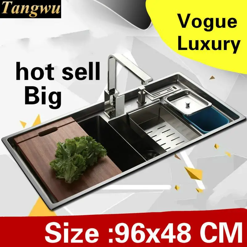 

Free shipping Home durable high capacity 304 stainless steel big kitchen manual sink double groove 960x480 MM