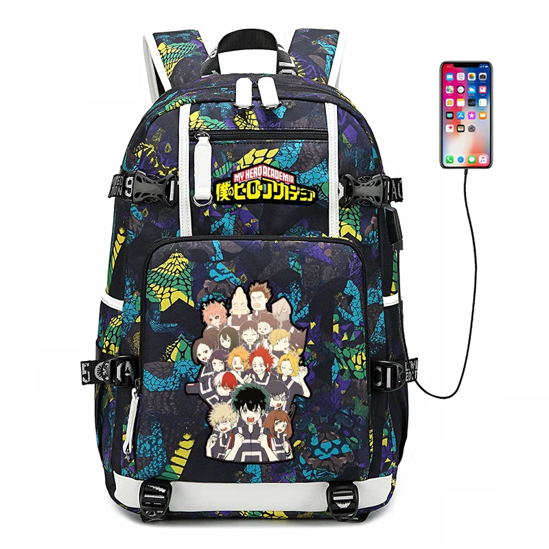 Large Capacity Bookbag Travel Bagpack MHA Waterproof Boys School Bags USB Charging Laptop Backpack Cosplay Oxford Daypack