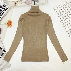 Autumn Winter Fashion Wild Turtleneck Bright Silk Knit Sweater Female Gold Silk Long-sleeve Slim Stretch Pullover Sweater Women