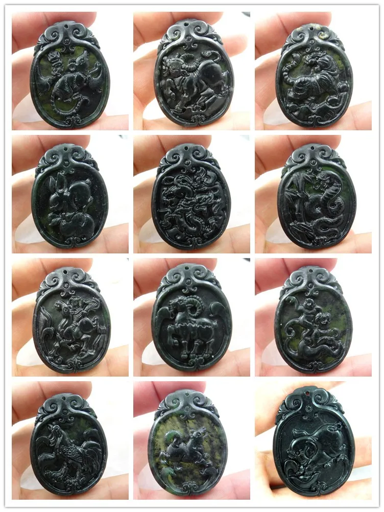 49*37Wholesale natural Chinese black green stone hand-carved statue of Zodiac signs amulet pendant necklace Jewelry Making