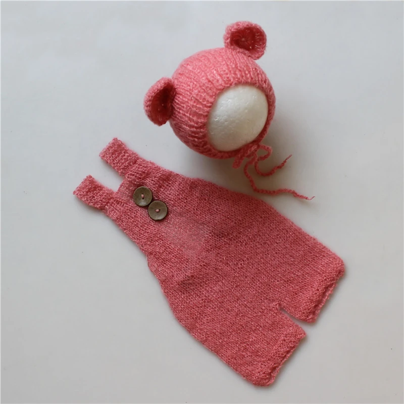 Newborn Baby Infant Photography Props Boy Girl Outfits Cute Bear Hat and Overalls Set Soft Mohair Bebe Photo Clothes Jumsuit