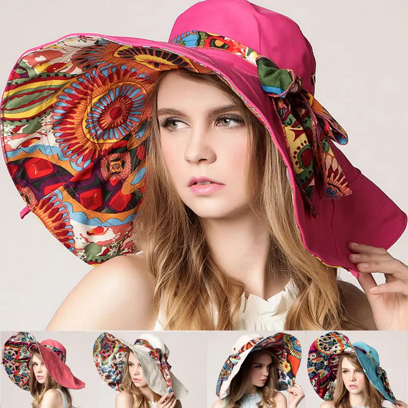 

Fashion Women Flower Folding Brimmed Hat Sun UV Protection Summer Beach Bowknot Hats