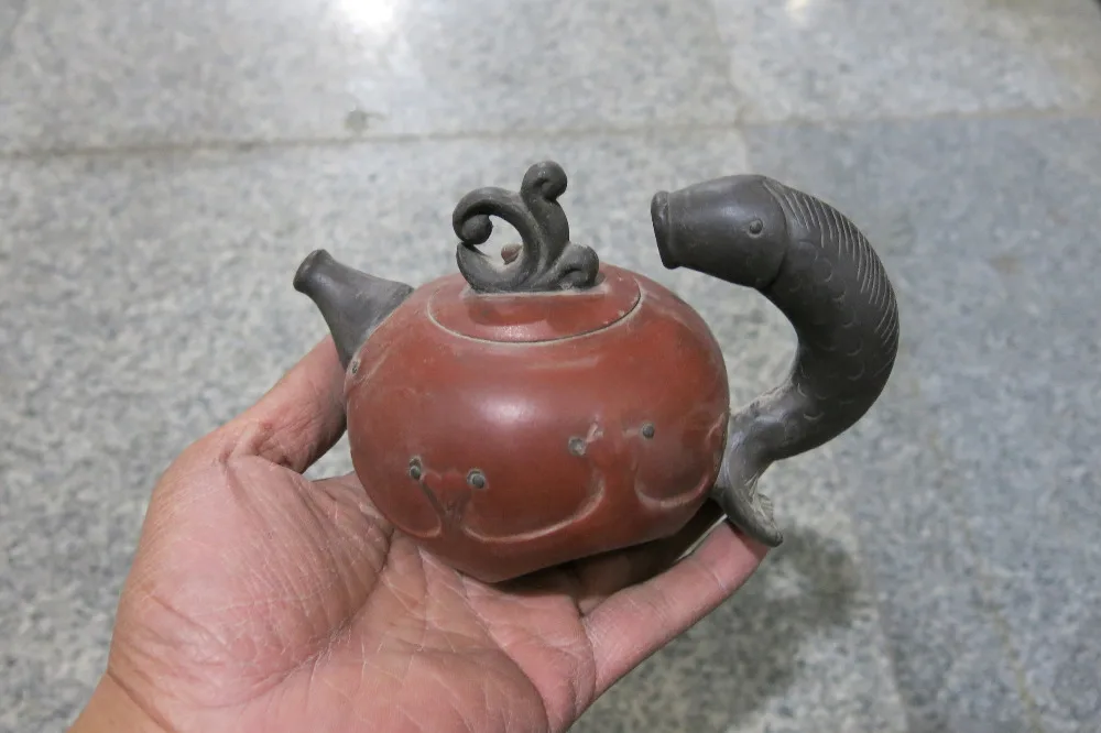 Old Chinese Handcraft Enameled  YiXing Zi Sha Clay  (red stoneware) Teapot , telephone,with mark,Free shipping