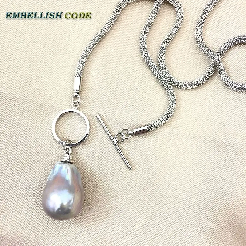 NEW OT circle clasp design gray grey baroque pearl pendant necklace flame ball shape snake Durable chain special