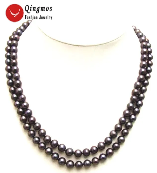 

Qingmos Black Natural Pearl Necklace for Women with 6-7mm Round Freshwater Pearl 2 Strands 17-18" Chokers Necklace Jewelry 5422