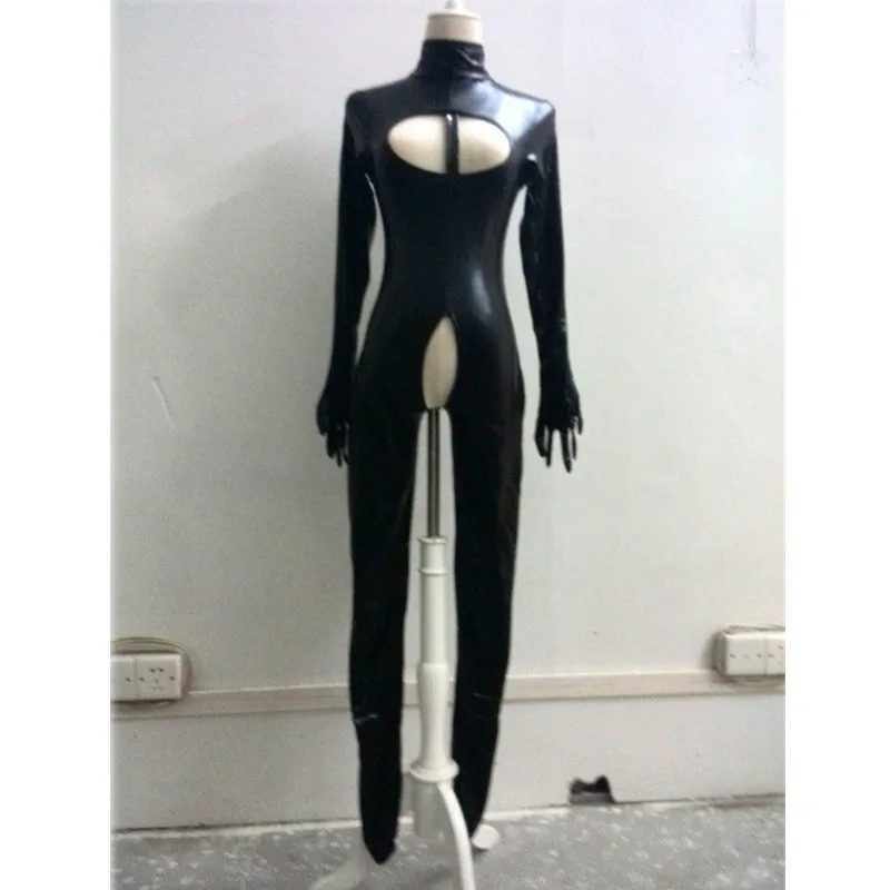 Catsuit Sexy de látex de PVC para mujer, Body de busto abierto de cuero de imitación wetlook negro, disfraz erótico caliente gay, mono de