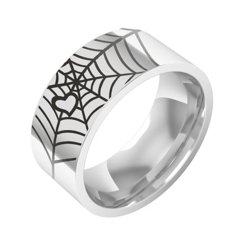 New fashion 316L steel carved spider web retro men and women heart-shaped couple ring punk goth gift jewelry