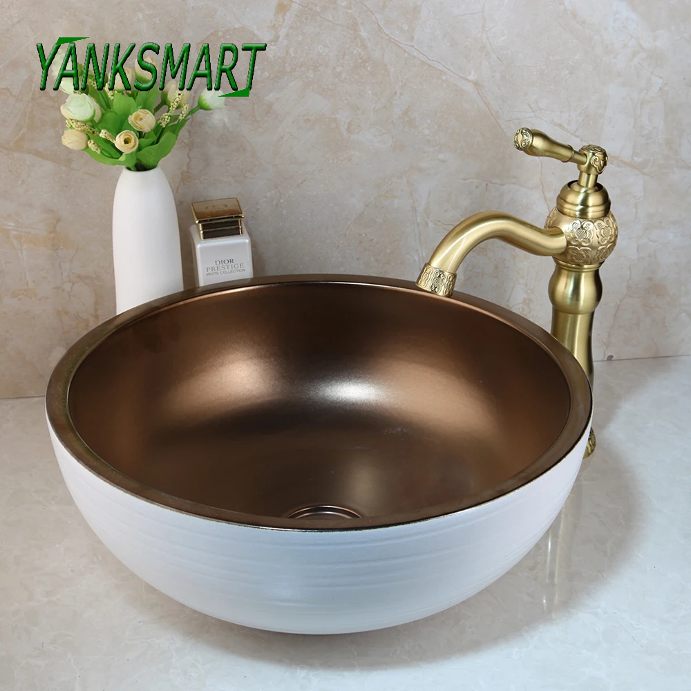 

YANKSMART Ceramics Basin Faucet set Bathroom Washbasin Faucet Single Handle Mixer Cold &Hot Taps Brushed Gold Deck Mounted Tap