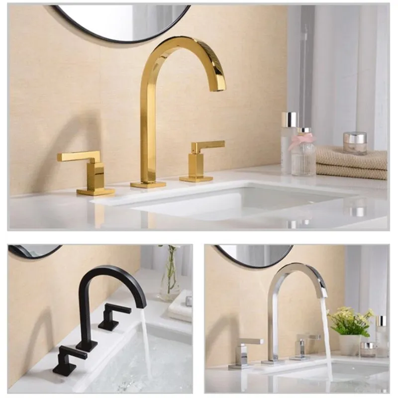 Basin Faucets Brass Polished Gold Deck Mounted Square Bathroom Sink Faucets 3 Hole Double Handle Hot And Cold Water Tap