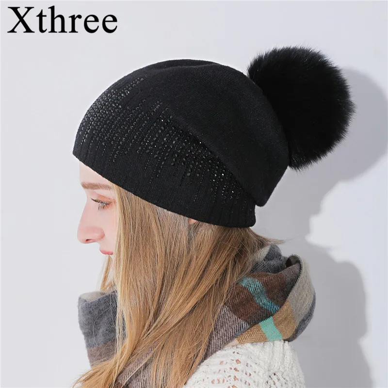 

Xthree Keep Warm Women Winter Hat With Fox Pom Pom Beanies Hat Cashmere Knitted Hat Gorro Wool Hat Brand Cap