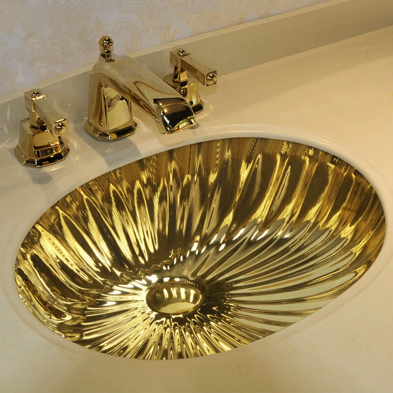 Undercounter Luxurious Embossed Golden/Silver art ceramic wash basin bathroom sink