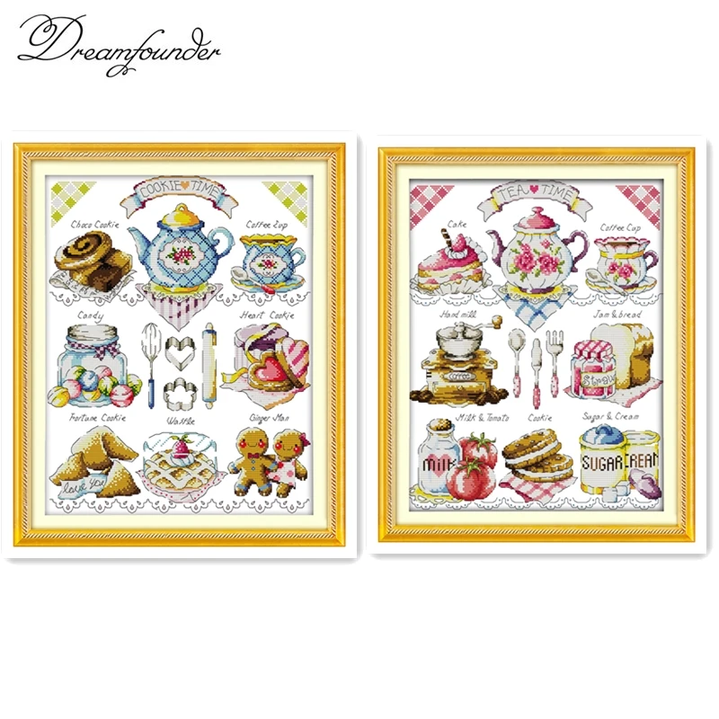 Cookie time and Tea time cross stitch kit cartoon food 18ct 14ct count canvas stitching embroidery DIY handmade needlework