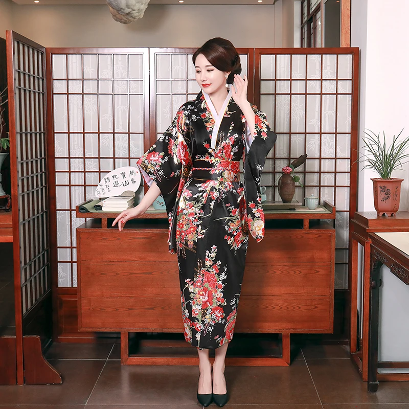 

Black Fashion National Trends Women Sexy Kimono Yukata With Obi Novelty Evening Dress Japanese Cosplay Costume Floral One Size