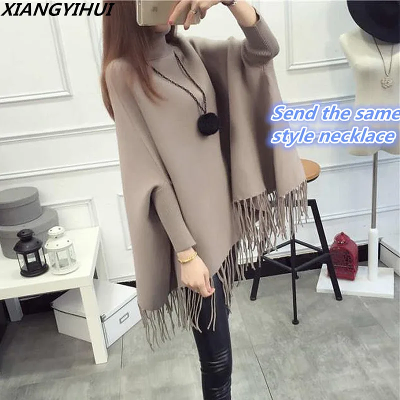 2017 Winter Women Turtleneck Pullover Korean Fashion  Loose wool Batwing Sweater Ladies Knitted Ponchos and Capes Coat