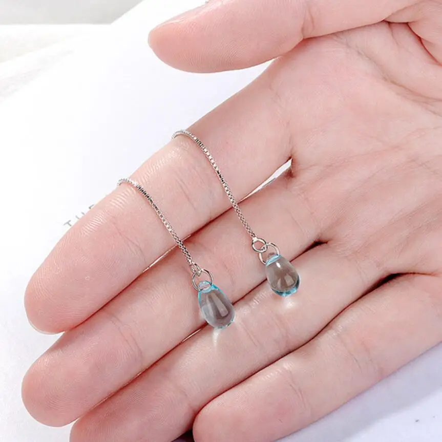 New Korean Literary Sweet Blue Crystal Water Drop Earrings For Women Pendientes Jewelry Gift Brincos SAE481