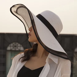 HT2504-Sombrero de ala ancha anti-UV para mujer, sombreros de paja lisos y flexibles para verano, playa con sombrero de ala de malla femenina