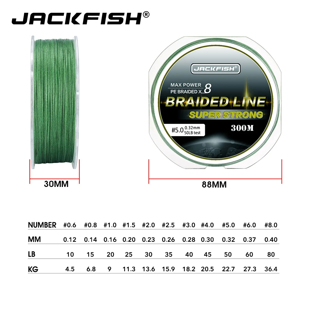 JACKFISH 300M 8 strand super strong PE Braided Fishing Line 10-80LB Multifilament Fishing Line Carp Fishing Saltwater