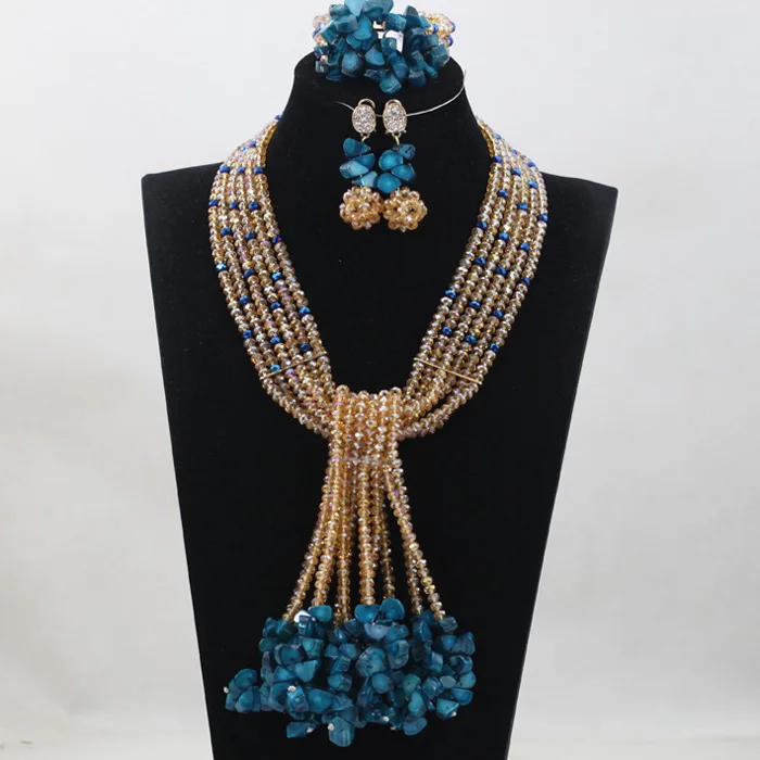 

African Wedding Beads Jewelry Set Blue Coral Pendant New Gold Mix Blue Nigerian Beads Necklace Jewelry Set Free Shipping ABH240