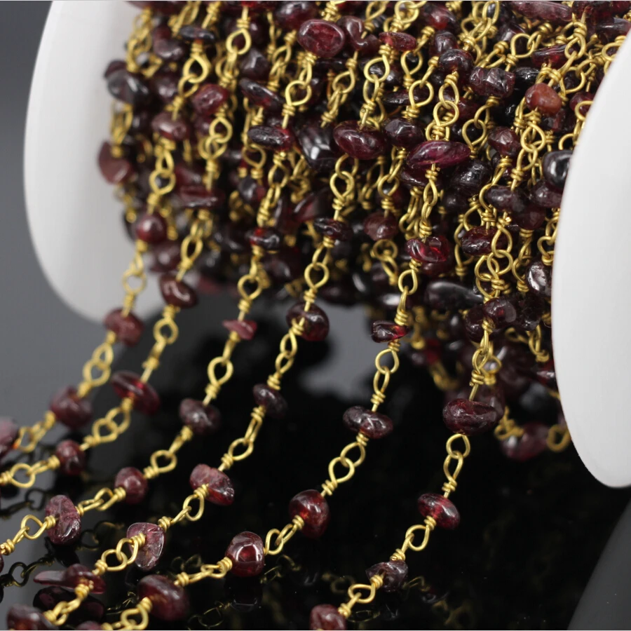 

DIY 5Meter Natural Garnet Chip Nugget Chain,Golden plated Brass Wire Wrapped Rosary style Chains Necklace Jewelry Findings