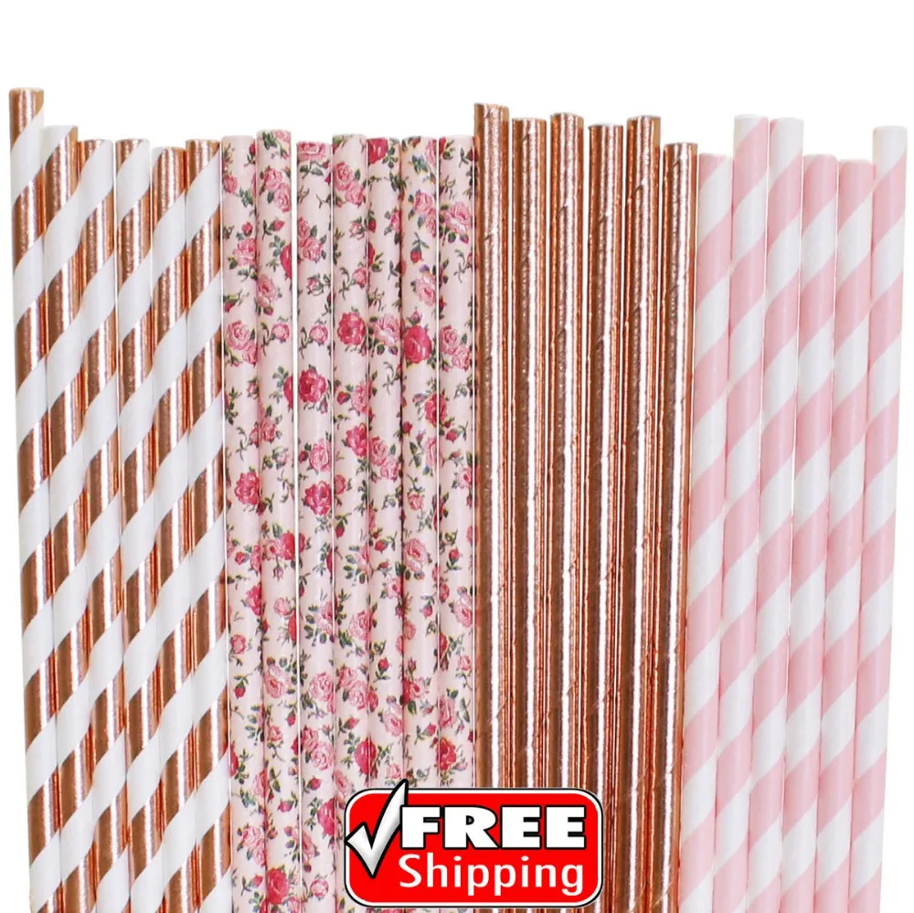 200 Pcs Mixed 4 Designs Rose Gold Foil and Blush Light Pink Themed Paper Straws-Striped,Plain,Solid Color,Flower,Floral-Party