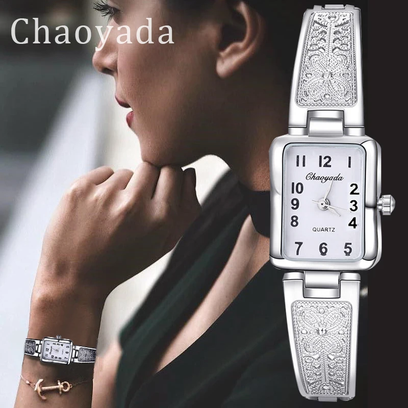 Gold/Silver Women Vintage Luxury Watches Elegant Quartz Fashion Rectangle Dial Watch Carved Pattern Bracelet Casual WristWatches