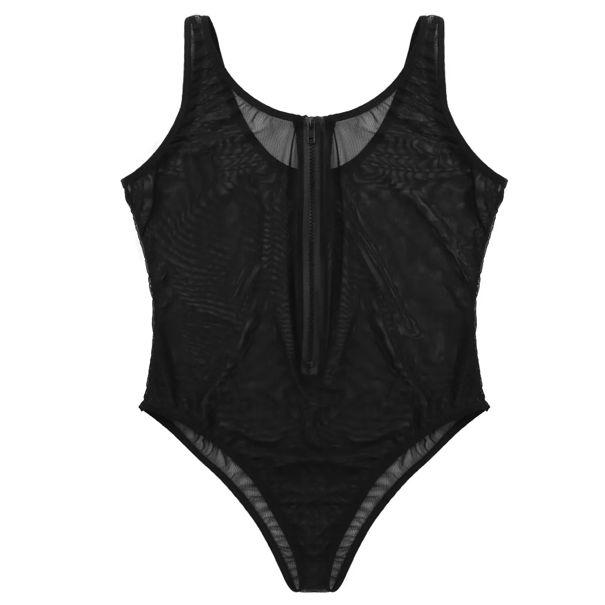 Sexy Women One-piece Bodysuit See Through Sheer Mesh Deep U-neck Sleeveless Front Zippered High Cut Teddy Babydoll Bodysuit