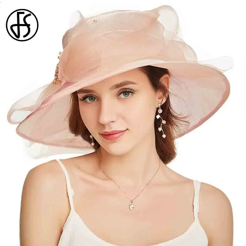 FS Beige White Organza Wide Brim Sun Hats For Women Church Hats Women Elegant Kentucky Derby Hat Ladies Big Bow Fedora