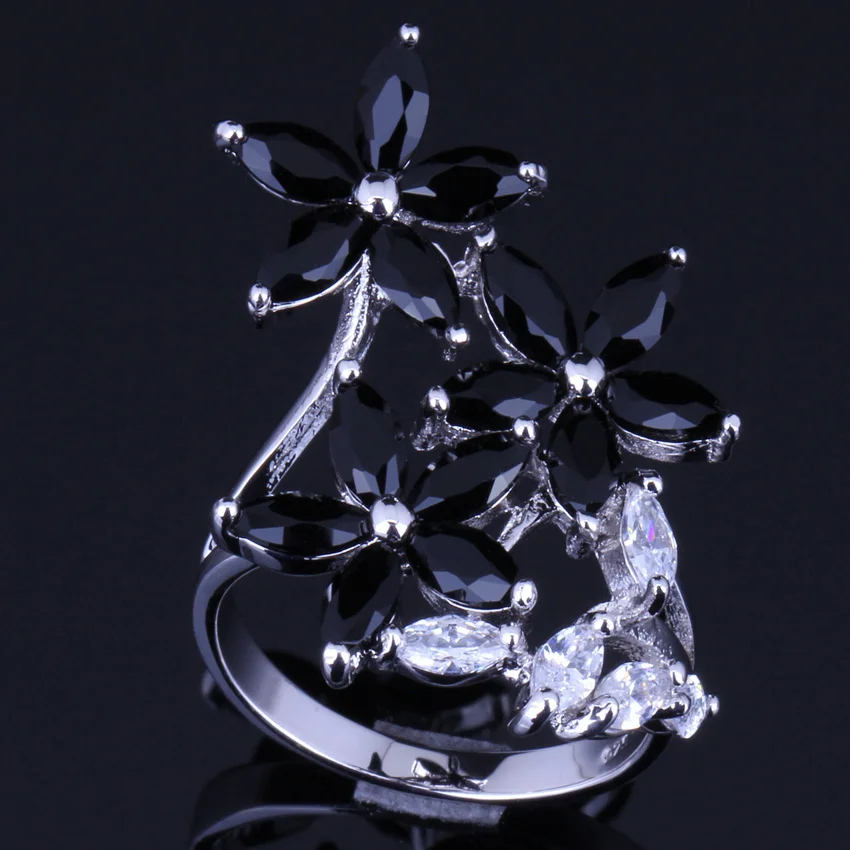 Unusual Plant Black Cubic Zirconia Silver Plated Ring V0096