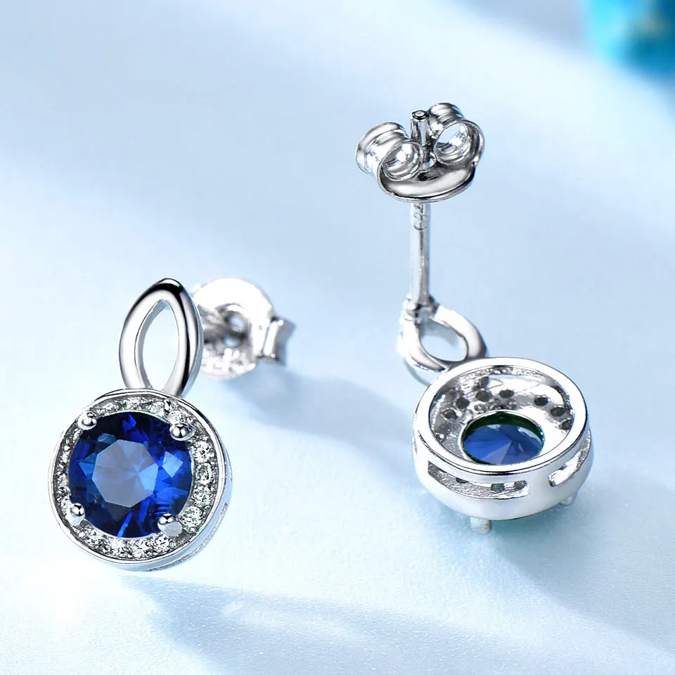 UMCHO Real 925 Sterling Silver Earrings Gemstone Round Rich Color Nano Blue Sapphire Stud Earrings For Women Birthday Gifts