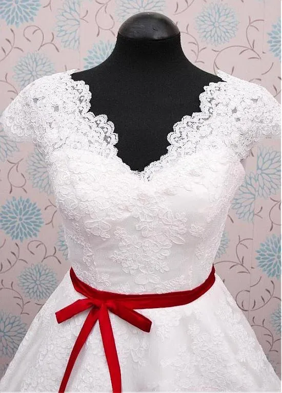 Ensotek – robe de mariée en dentelle, de haute qualité, col en V, ligne A, avec ceinture, nouvelle collection