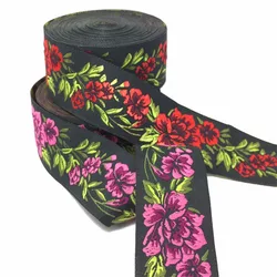 ZERZEEMOOY 33 millimetri 10 Yard/roll di Alta qualità Tessuto Jacquard Ribbon sfondo nero rosa rosso e verde fiori Hot fai da te cinghia del merletto