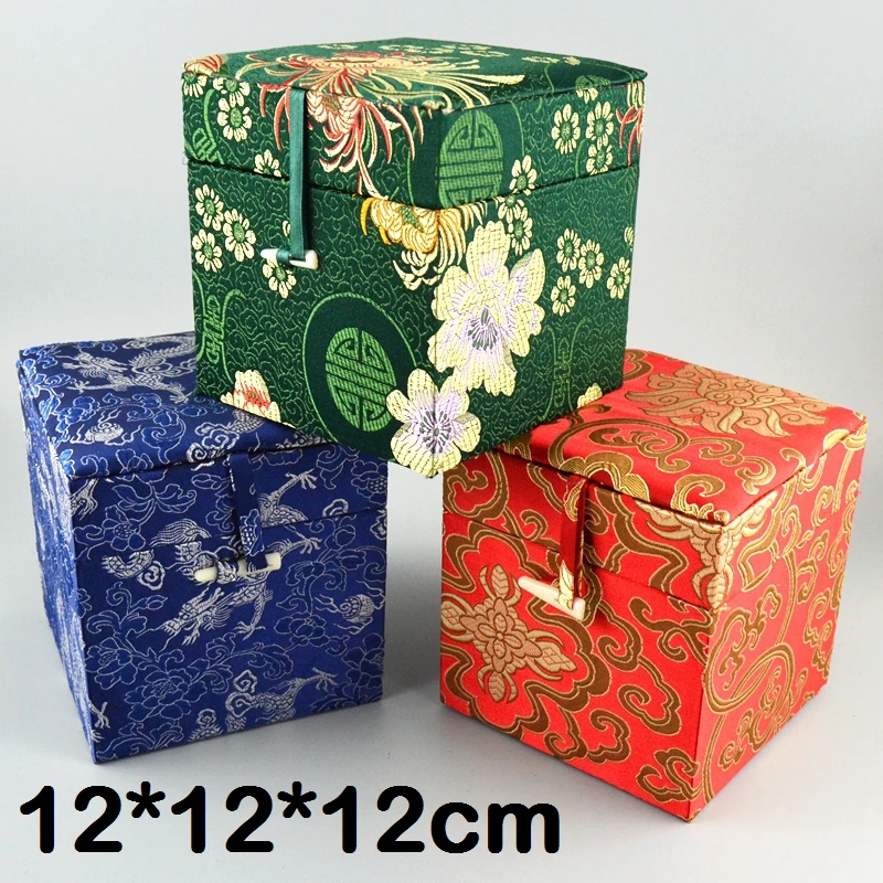 Luxury 12cm Cube Silk Brocade Vintage Box Wood Chinese style  Stone Collection Storage Box Cotton Filled Christmas Gift Packagin