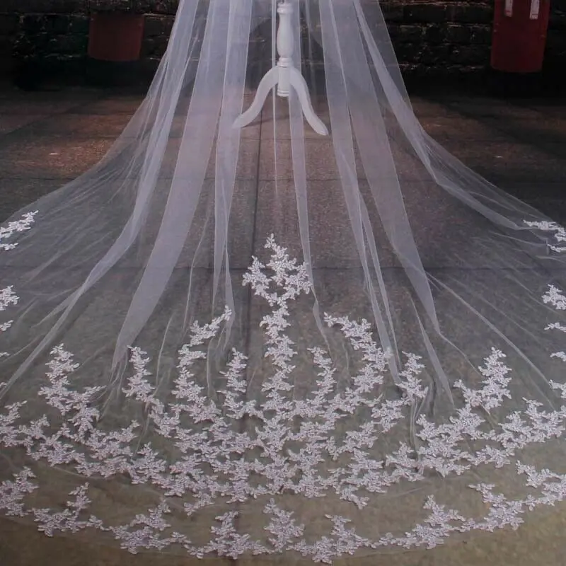 1 T Bunga Terbuka Kaya Renda Bride Pernikahan Kerudung Aksesoris Cathedral Panjang dengan Sisir Gading Tudung Putih