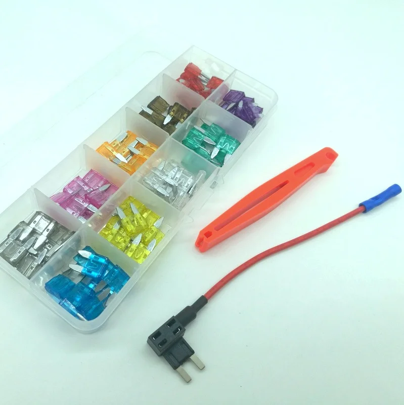 100pcs Mini Auto blade fuse assorted box with Fuse tap for Car and boat use 2-35A 10sizes