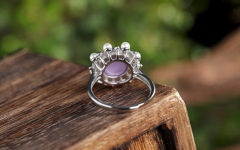 S925 sterling silver purple mica inlaid pearl ladies ring Korean personality temperament open ring