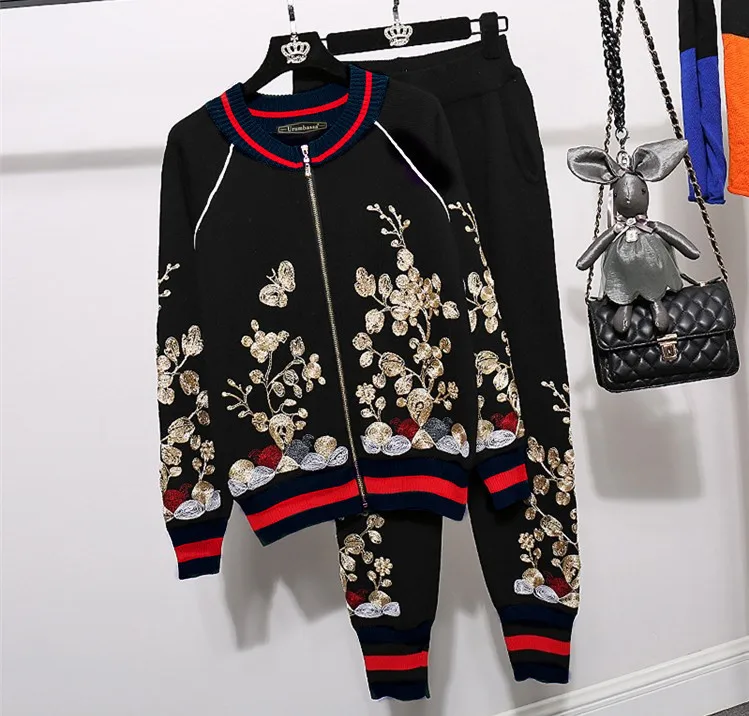 Women knitting jackets coat+casual pants two piece set 2019 spring autumn leisure suits women pantsuits D813A