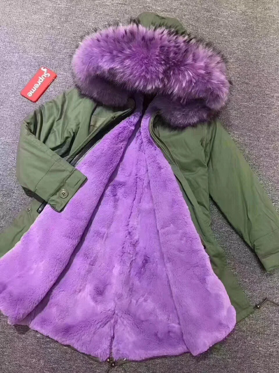 Unique Stylish Long Parka Women Winter Purple Faux Fur Lined Overcoat Ladies Raccoon Fur Plus Size Jacket