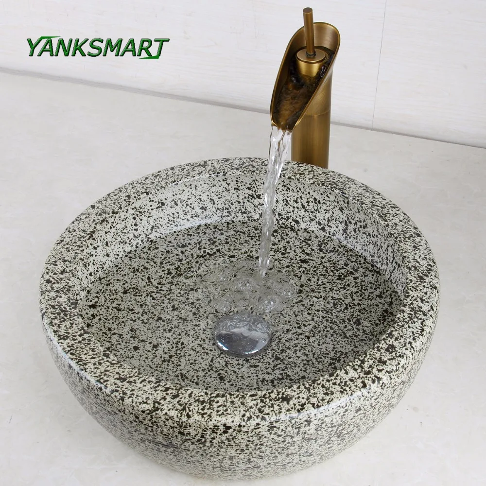 YANKSMART Ceramic Round Washroom Basin Vessel Vanity Sink Bathroom Mixer Basin Washbasin Brass Faucet W/ Pop Drain Combo Kit