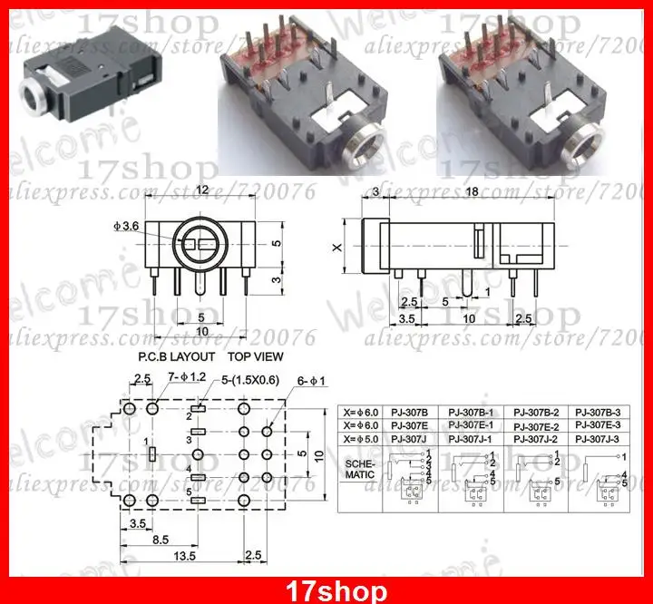 

200 шт. x 11 контактов 1/8 "3,5 мм стереоразъем с переключателем, печатная плата, Панельное крепление для наушников