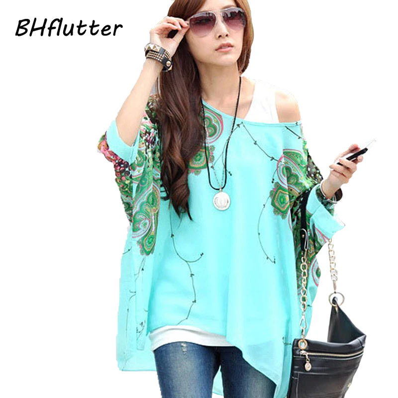 Summer Blouse Shirt 2021 New Fashion Women Casual Chiffon Blouses Tops Plus Size 4XL 5XL 6XL Batwing Sleeve Women\'s Shirts